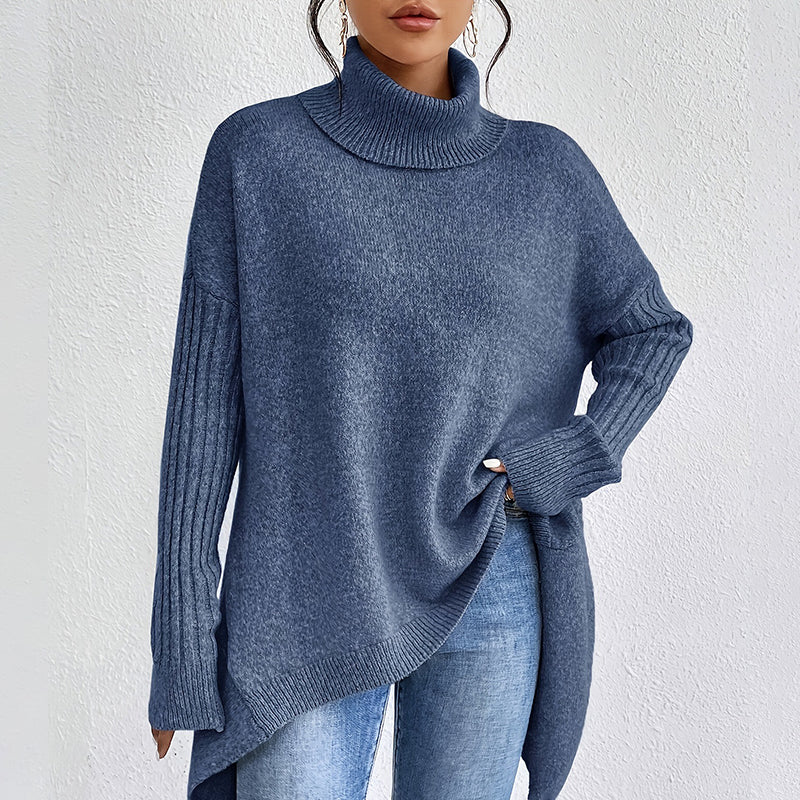 Stickad Polotröja Dam – Oversize Tröja med Asymmetrisk Fåll