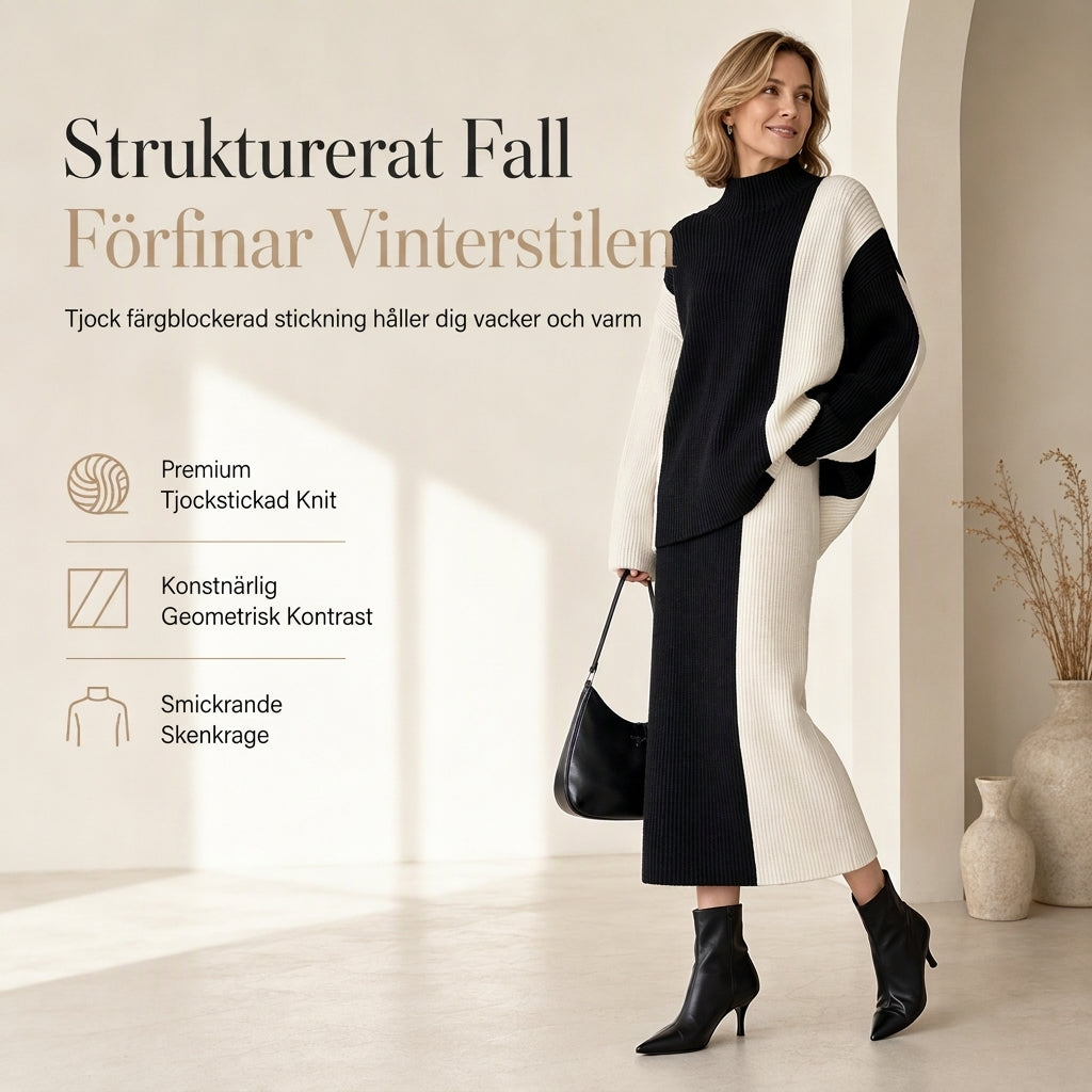 🍂 Höst-/vintererbjudande ✨ Stickat Set Dam 2 Delar – Färgblockerad Tröja & Midikjol