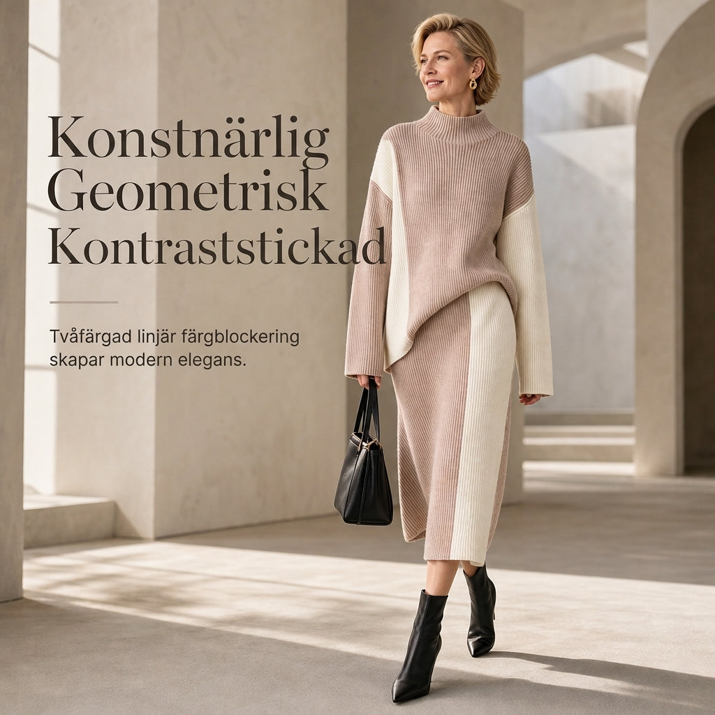 🍂 Höst-/vintererbjudande ✨ Stickat Set Dam 2 Delar – Färgblockerad Tröja & Midikjol