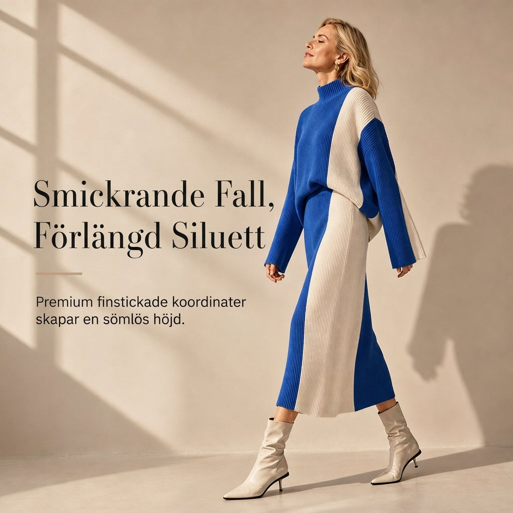 🍂 Höst-/vintererbjudande ✨ Stickat Set Dam 2 Delar – Färgblockerad Tröja & Midikjol
