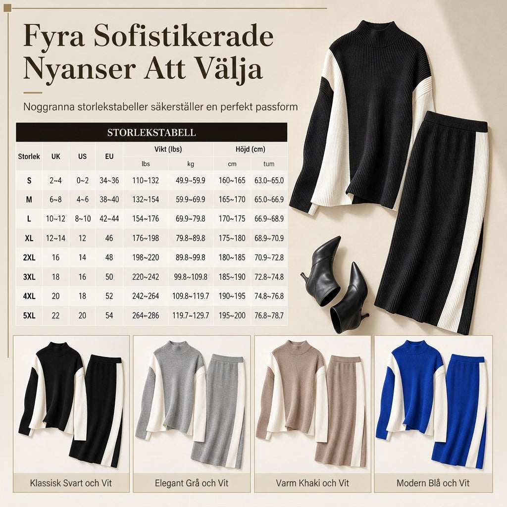 🍂 Höst-/vintererbjudande ✨ Stickat Set Dam 2 Delar – Färgblockerad Tröja & Midikjol