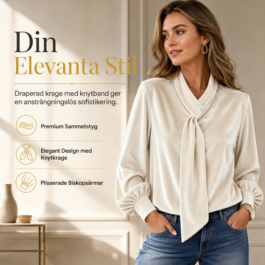 Sammetsblus Dam med Knytkrage – Elegant Långärmad Blus