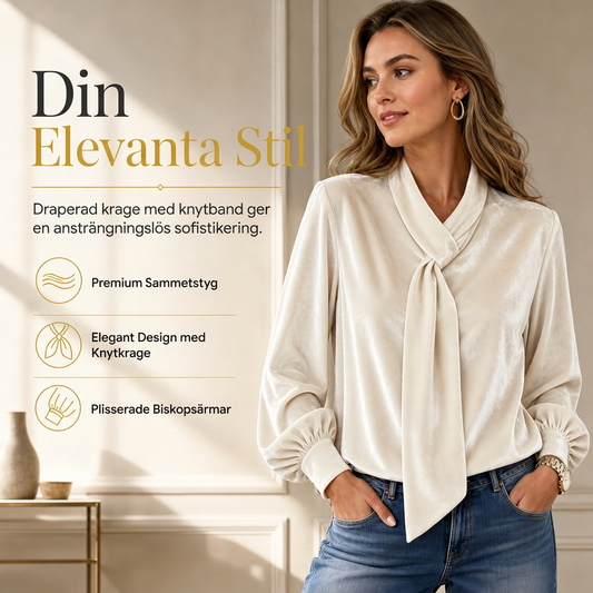 Sammetsblus Dam med Knytkrage – Elegant Långärmad Blus