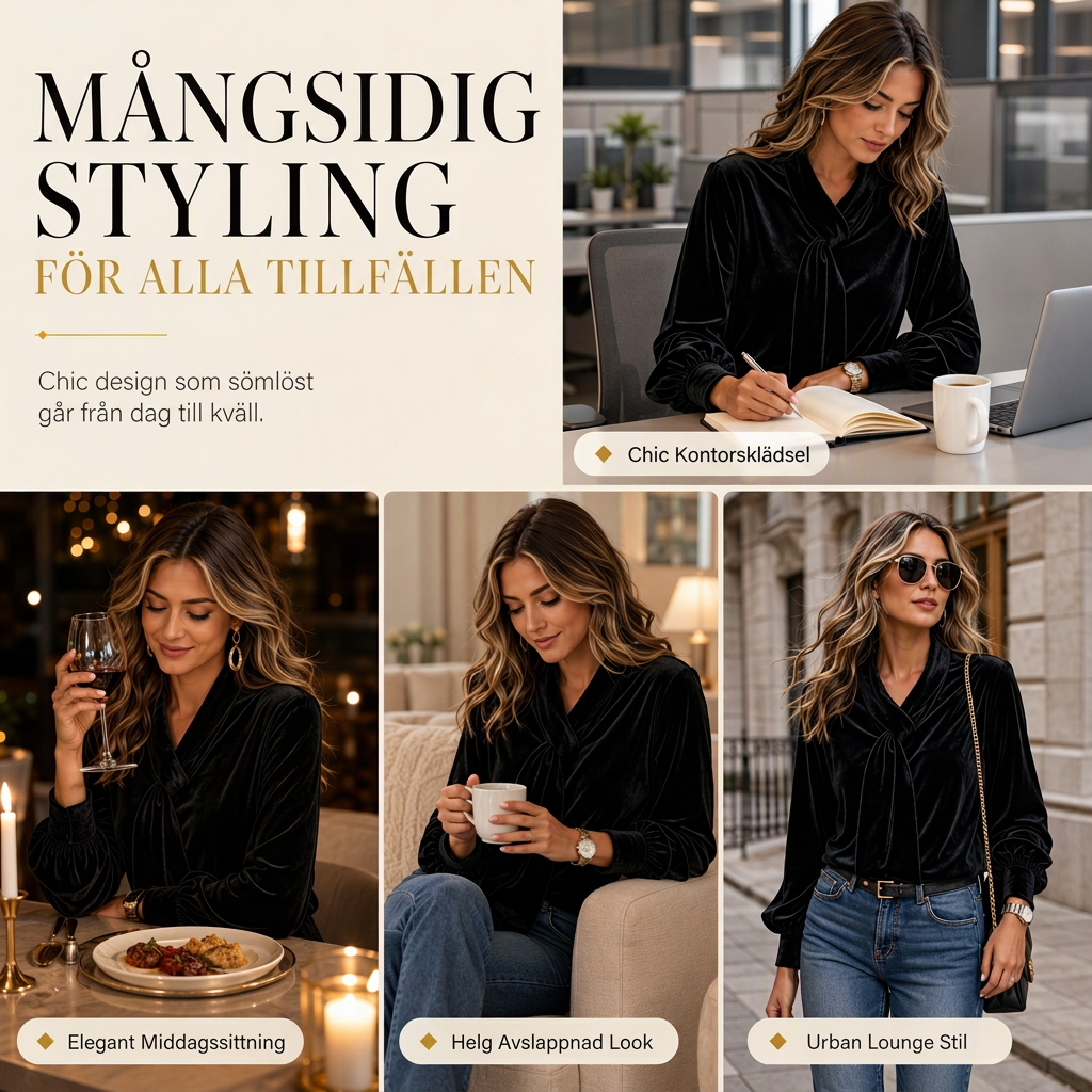 Sammetsblus Dam med Knytkrage – Elegant Långärmad Blus