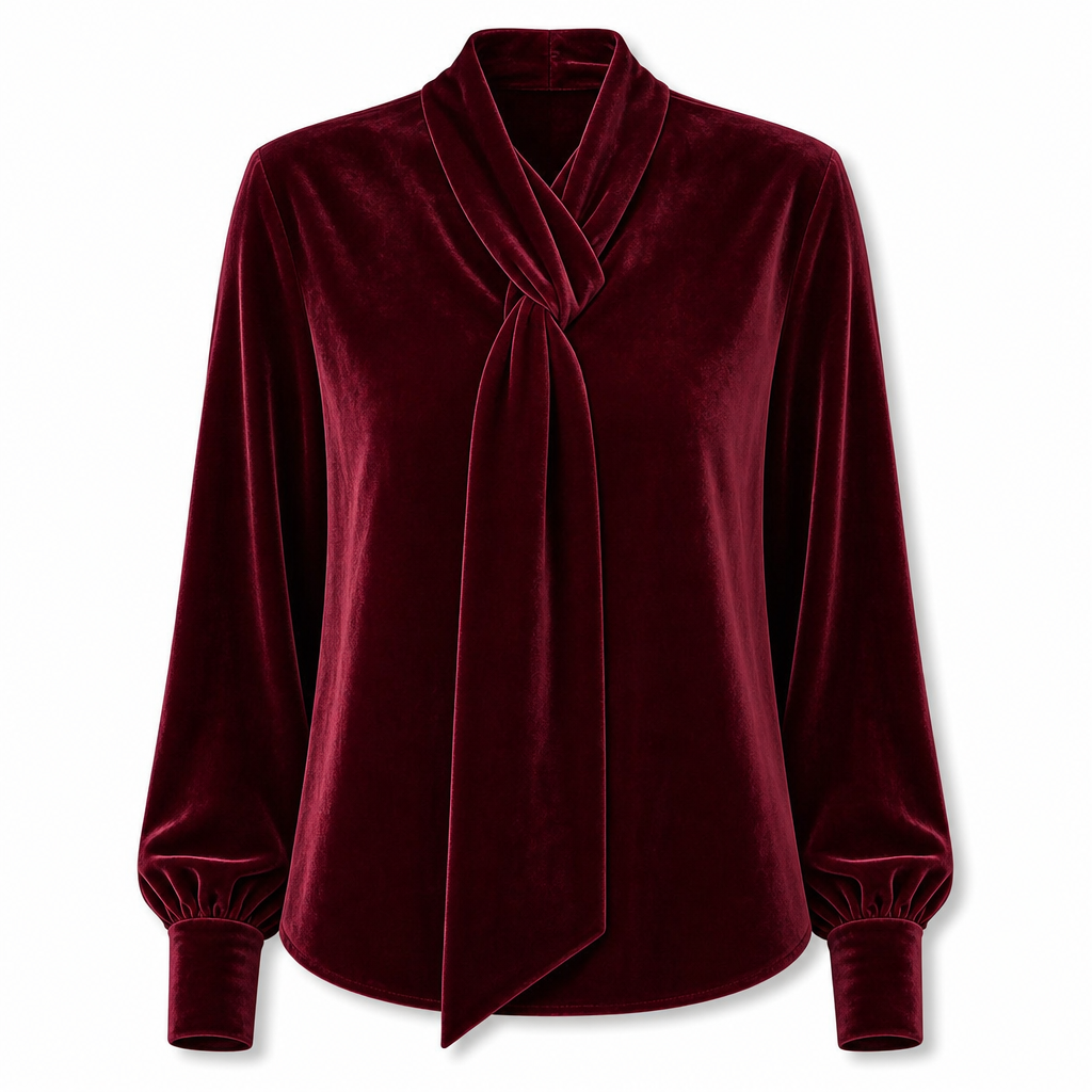 Sammetsblus Dam med Knytkrage – Elegant Långärmad Blus