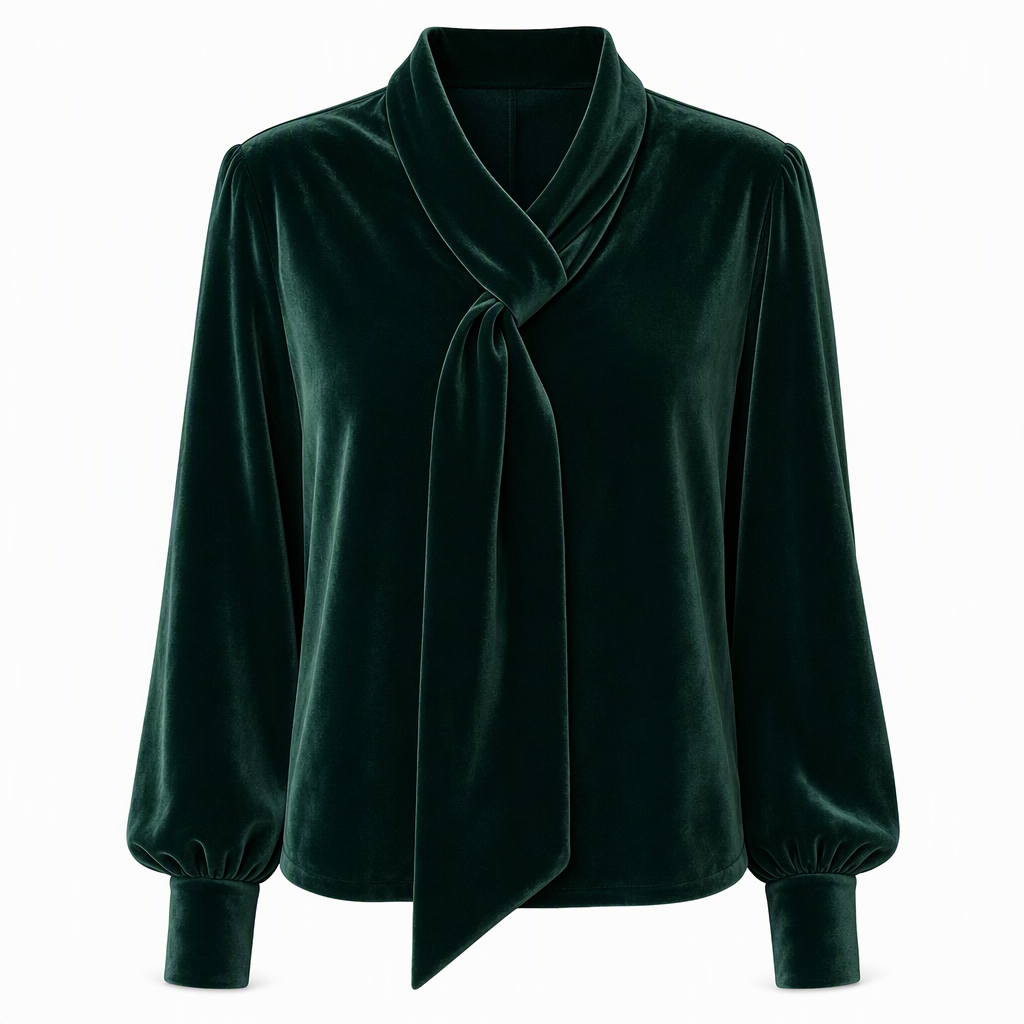 Sammetsblus Dam med Knytkrage – Elegant Långärmad Blus