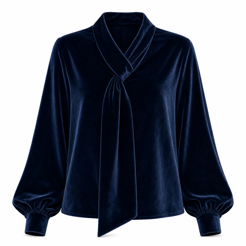 Sammetsblus Dam med Knytkrage – Elegant Långärmad Blus