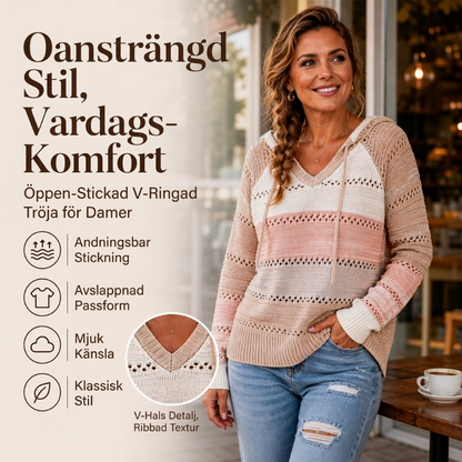 💰 Halva Priset!🌈Öppenstickad Huvtröja Dam med V-ringning – Mjuk Stickad Vardagströja