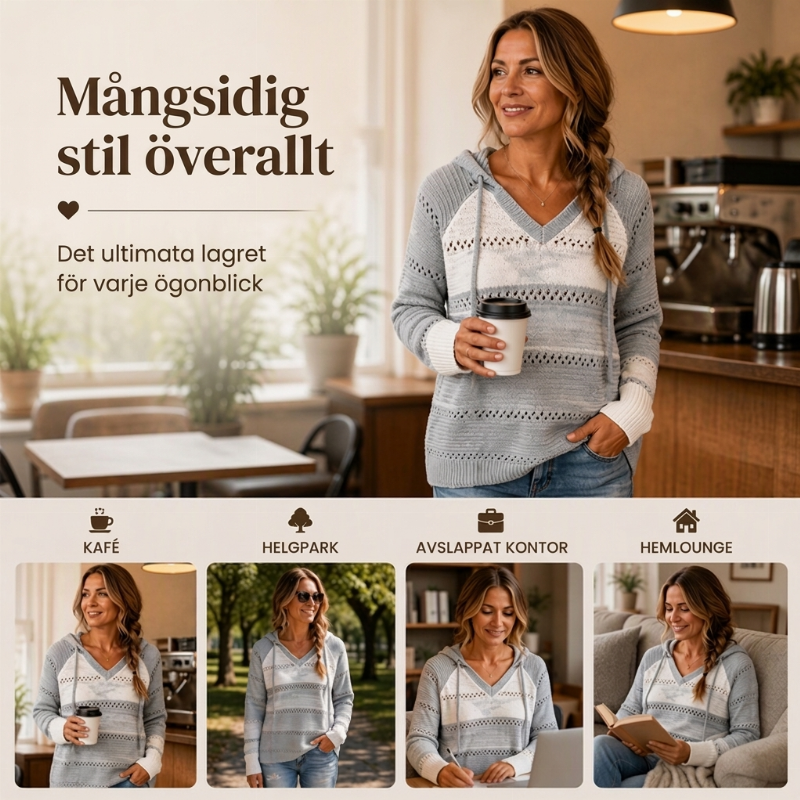 💰 Halva Priset!🌈Öppenstickad Huvtröja Dam med V-ringning – Mjuk Stickad Vardagströja