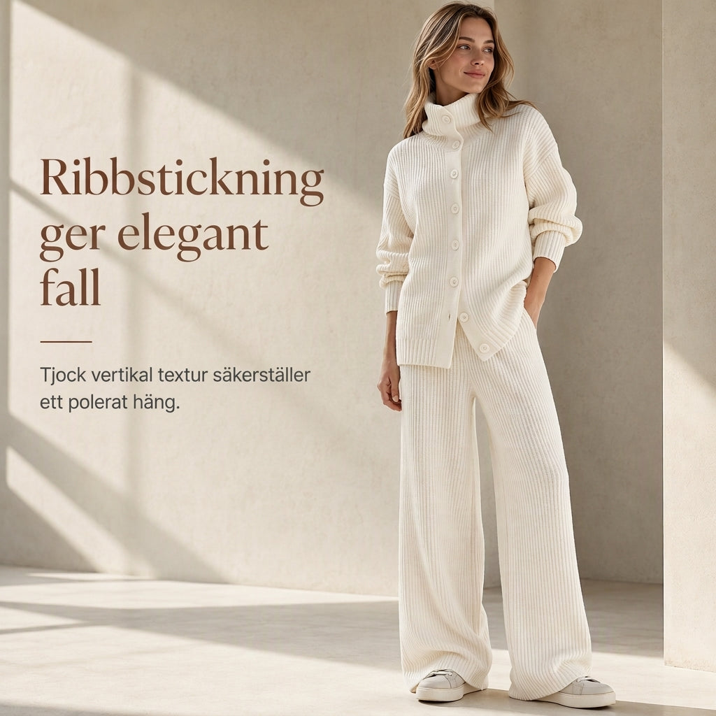 💰 Halva priset! |Ribbstickat Set Dam 2 Delar – Kofta med Hög Krage & Vida Byxor