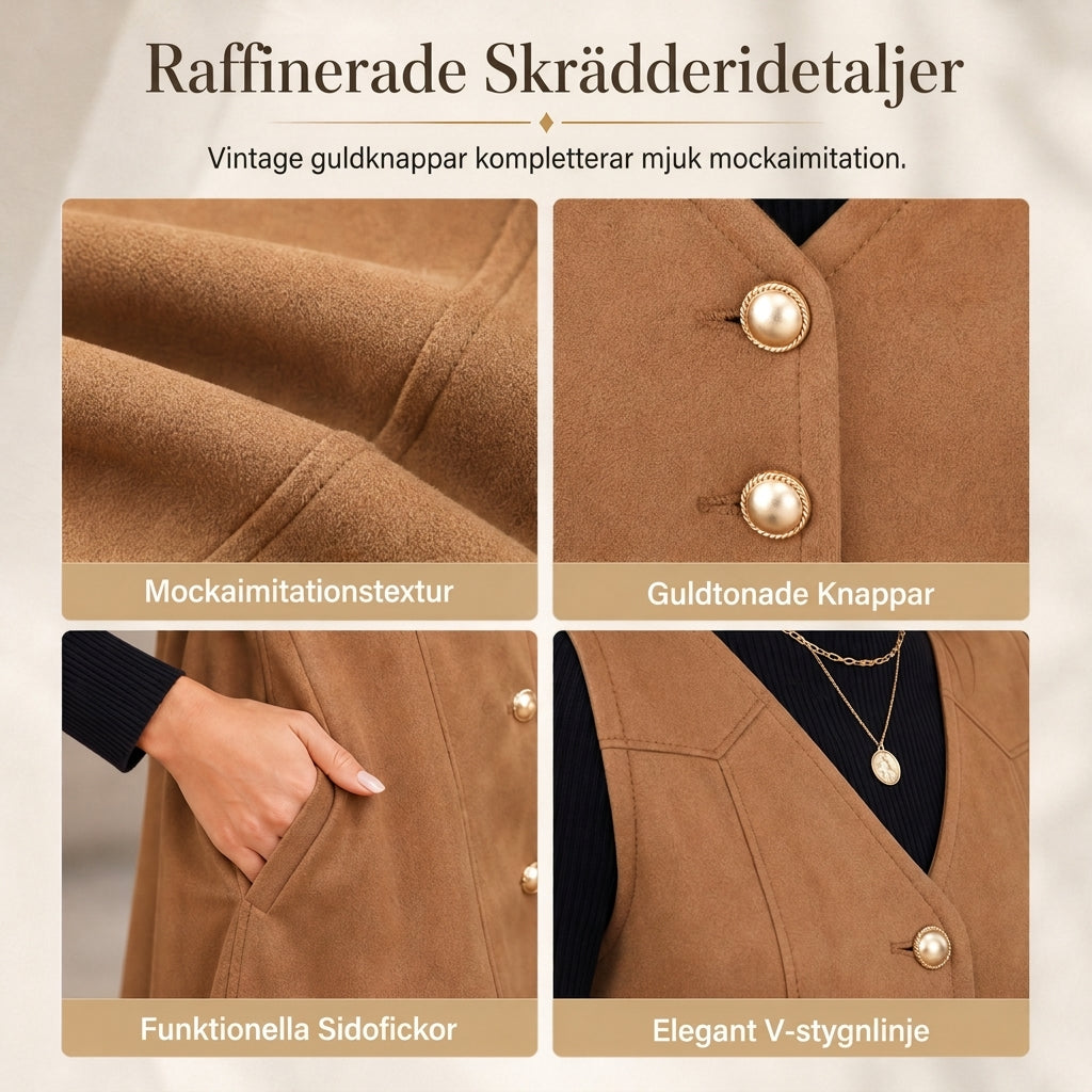 👗Ärmlös Klänning Dam i Fuskmocka – V-ringning & Guldknappar
