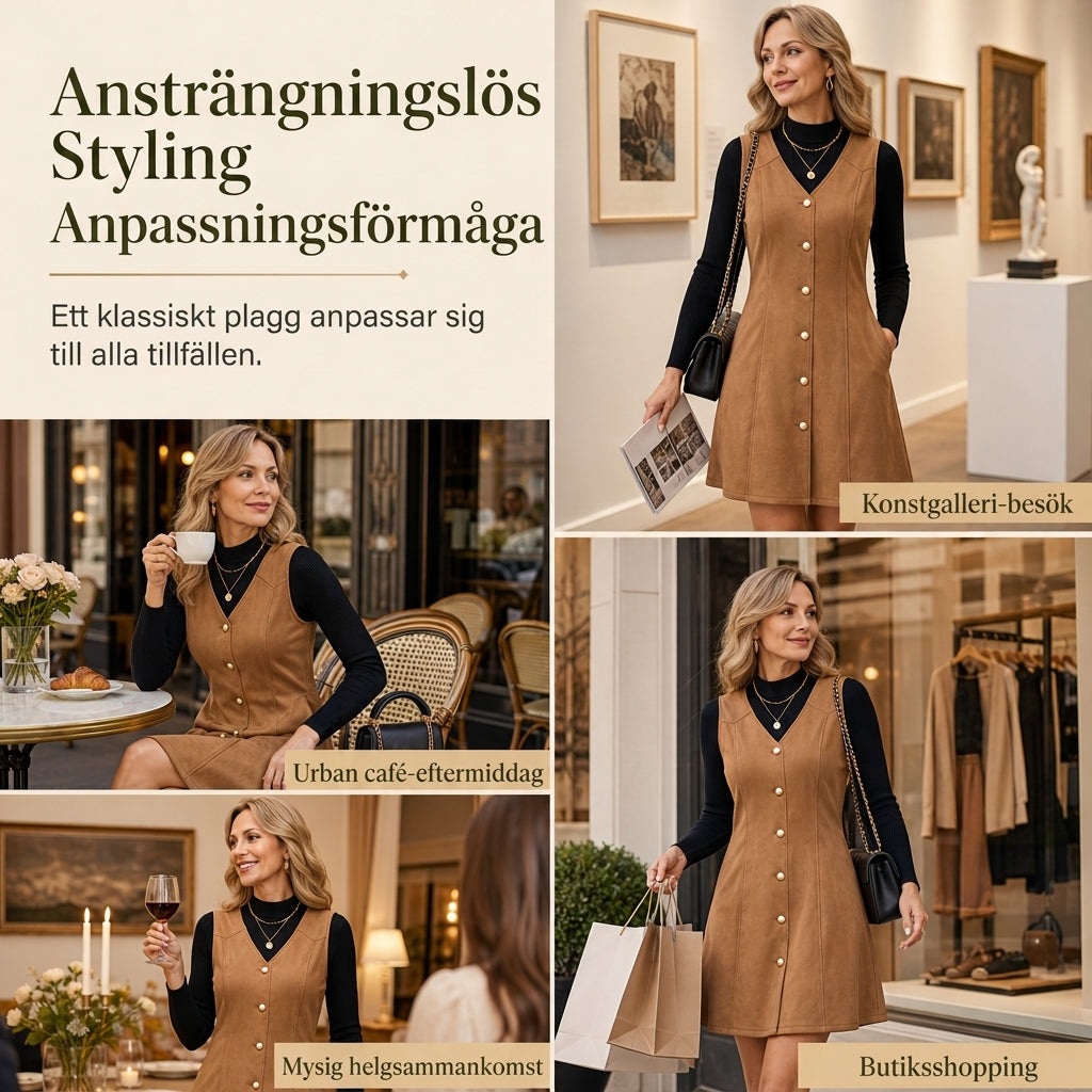 👗Ärmlös Klänning Dam i Fuskmocka – V-ringning & Guldknappar