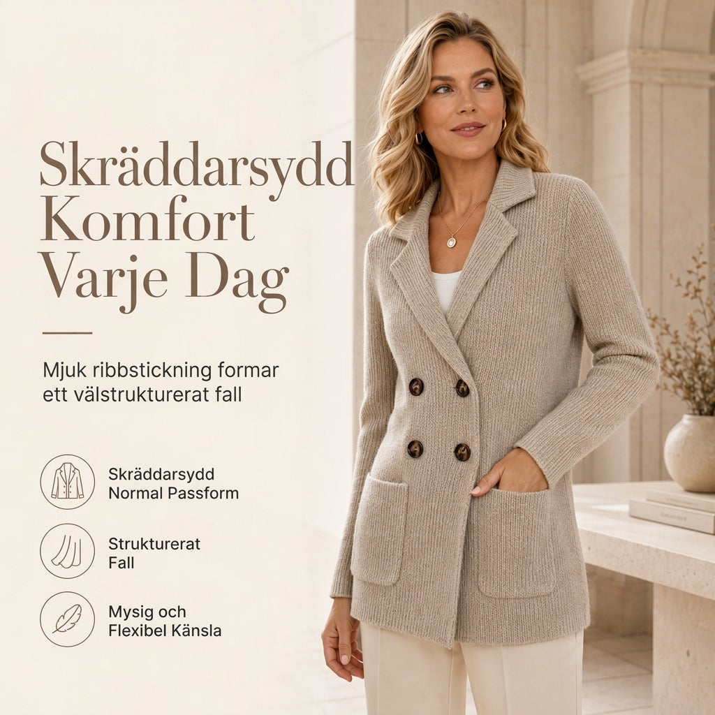Dubbelknäppt Stickad Kofta Dam – Ribbad med Slagkrage & Fickor