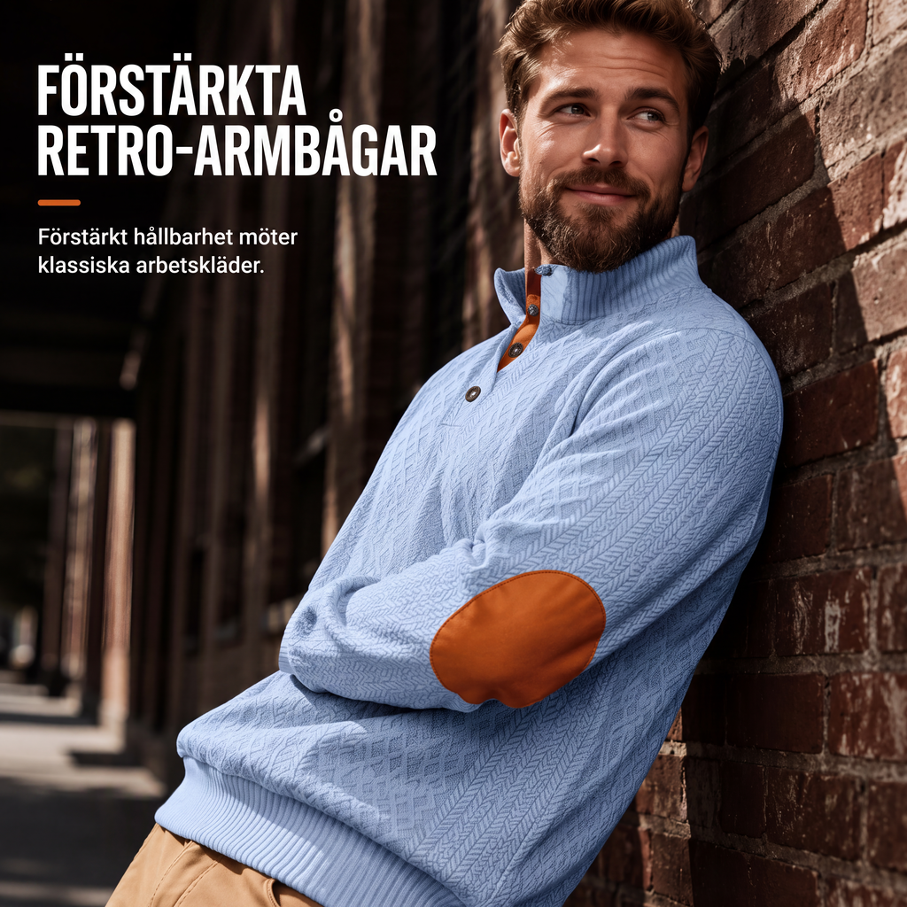 Jacquardstickad Tröja Herr – Ståkrage med Knappar & Armbågslappar