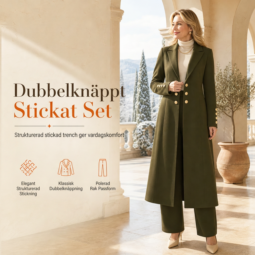 🍂Stickat set för dam med dubbelknäppt kappa och raka byxor✨