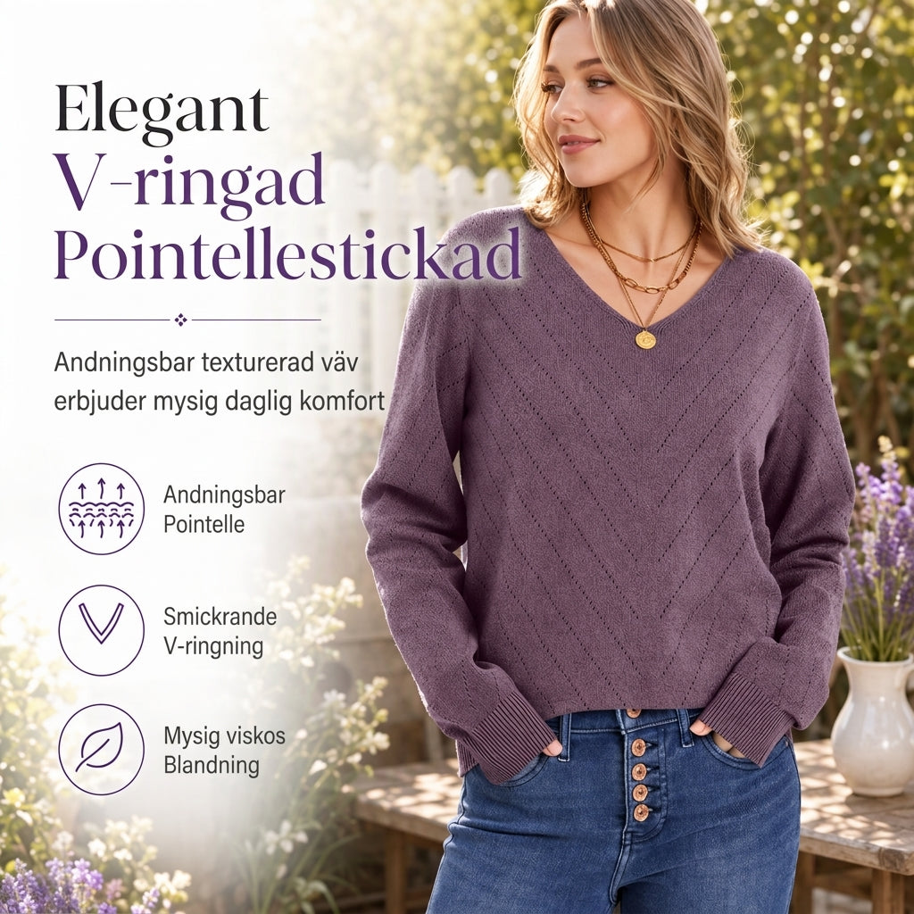 🧶V-ringad Stickad Tröja Dam – Mjuk Pointellestickning
