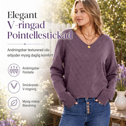 🧶V-ringad Stickad Tröja Dam – Mjuk Pointellestickning