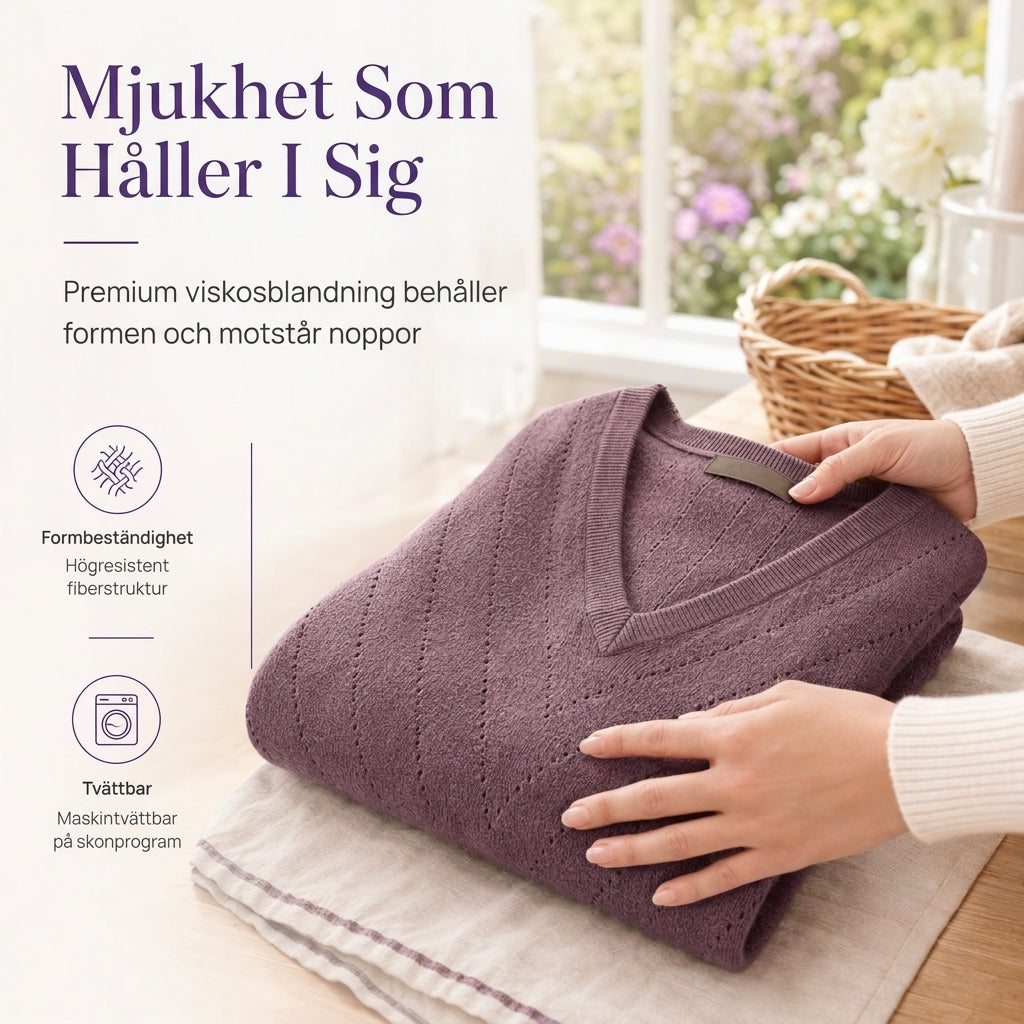 🧶V-ringad Stickad Tröja Dam – Mjuk Pointellestickning