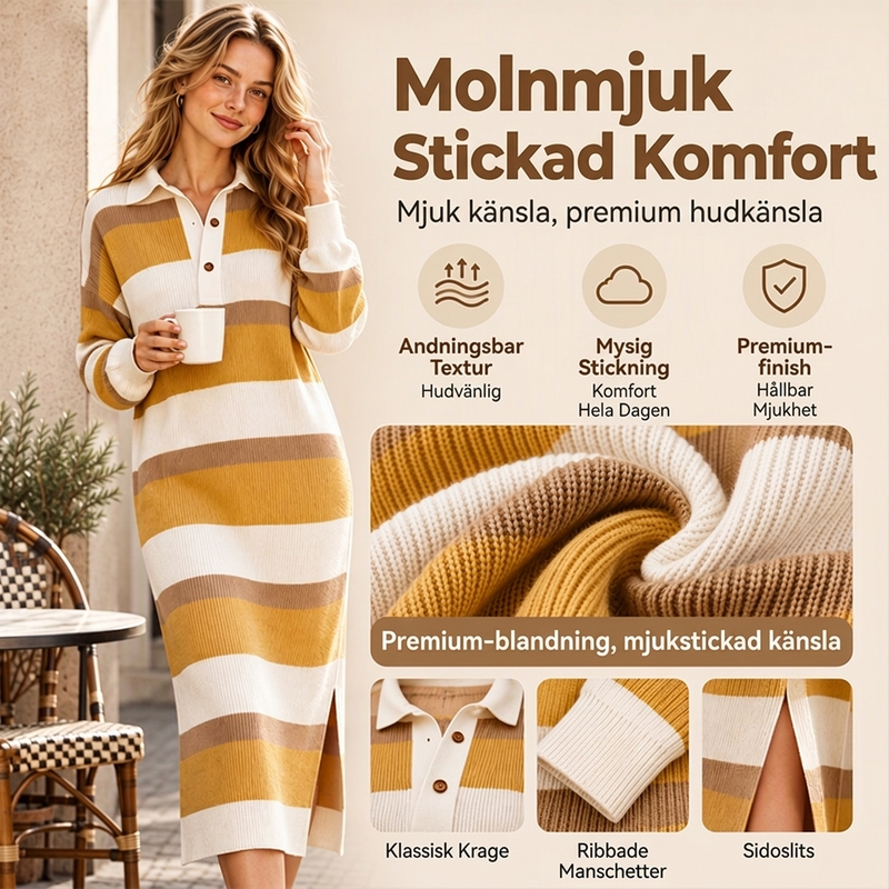 👗 Randig Stickad Klänning Dam – Mjuk Värme, Klassisk Krage & Elegant Vardagsstil