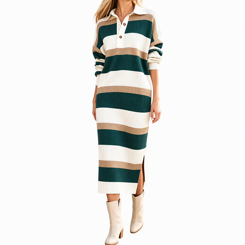 👗 Randig Stickad Klänning Dam – Mjuk Värme, Klassisk Krage & Elegant Vardagsstil