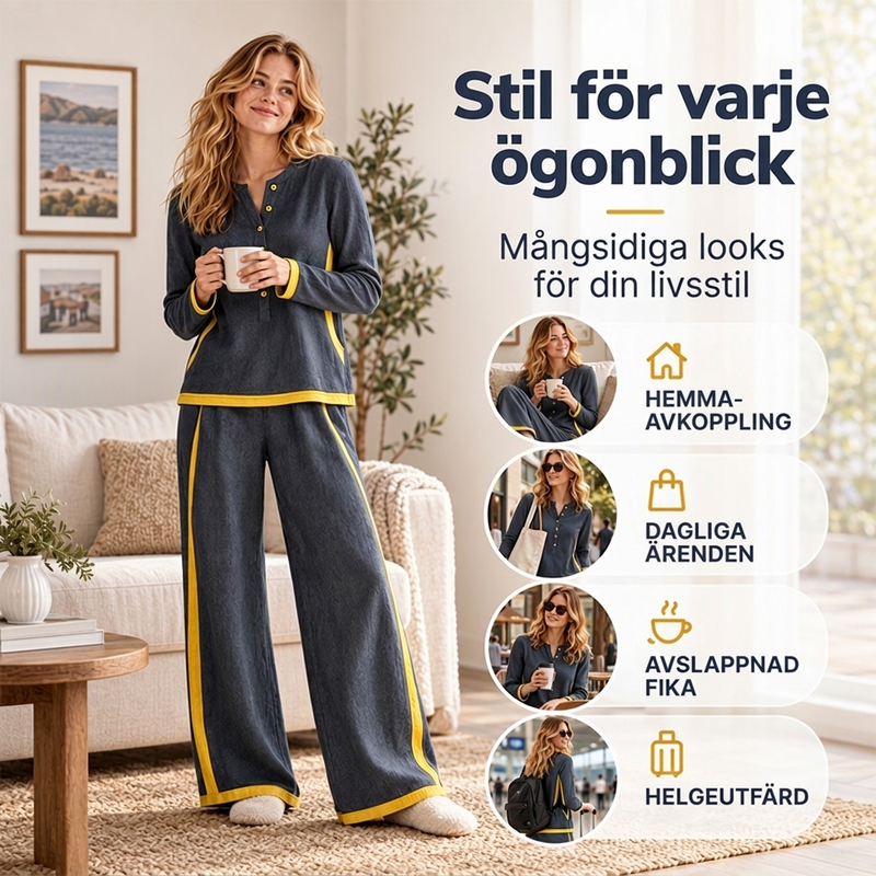 Mjukt Fritidsset Dam – Henleytopp och Vida Byxor med Kontrastrand