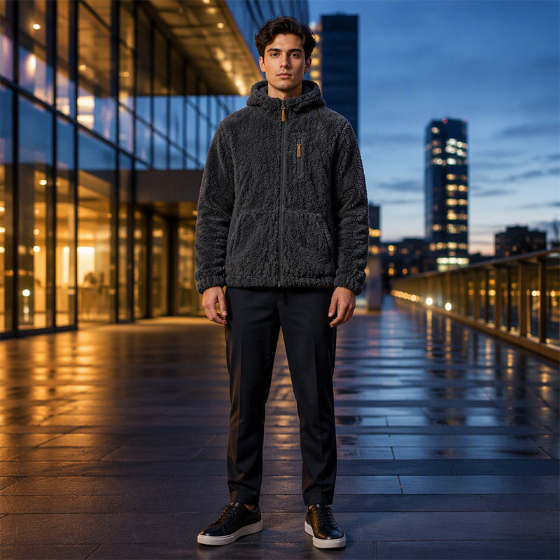 🎉 Nyhet! 🧥 Varm Fleecejacka Herr med Huva och Dragkedja – Rymlig Passform