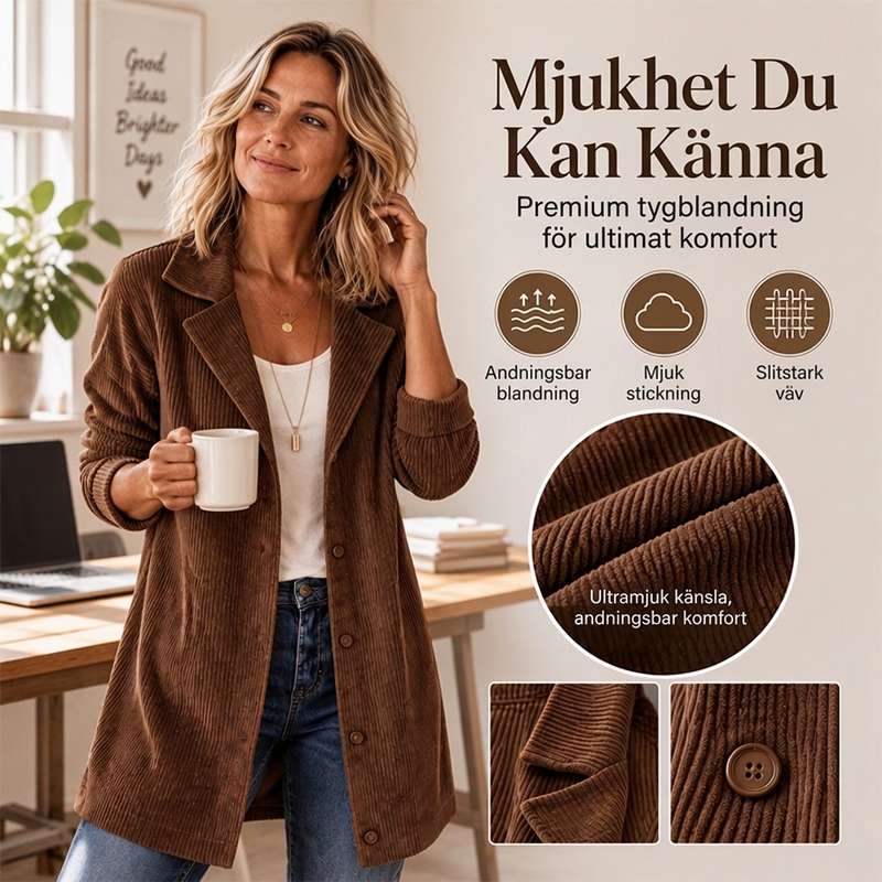 🧥✨Lång Jacka Dam i Mjuk Manchester – Knappar och Strukturerad Passform