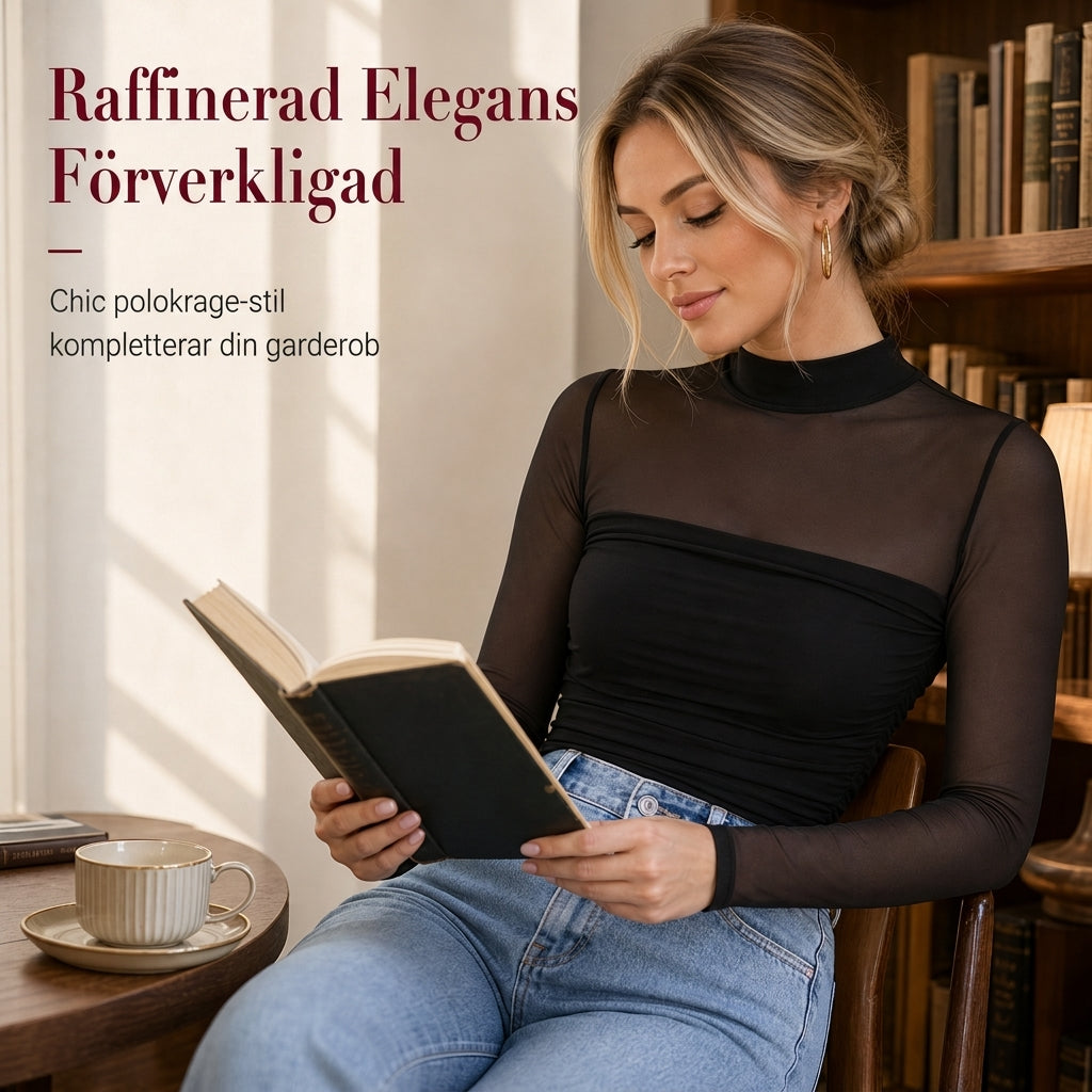 Elegant Vintage Mock Neck Spetsnäts Topp för Damer – Mjuk Passform, Klassisk Stil och Elegant Lager-På-Lager Look
