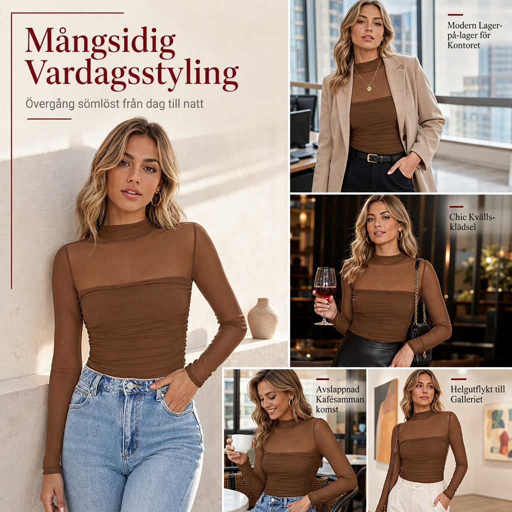 Elegant Vintage Mock Neck Spetsnäts Topp för Damer – Mjuk Passform, Klassisk Stil och Elegant Lager-På-Lager Look