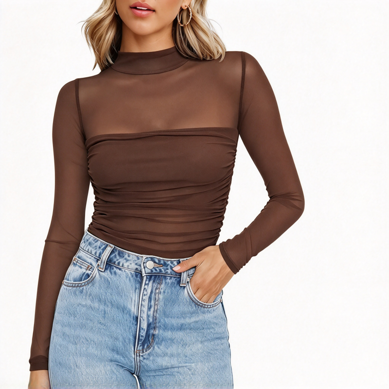 Elegant Vintage Mock Neck Spetsnäts Topp för Damer – Mjuk Passform, Klassisk Stil och Elegant Lager-På-Lager Look
