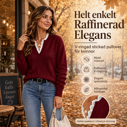 ✨ Ny kollektion 🤍 Stickad Damtopp med Spetsdetaljer – Mjuk Komfort, Elegant V-ringning och Tidlös Stil