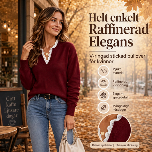 ✨ Ny kollektion 🤍 Stickad Damtopp med Spetsdetaljer – Mjuk Komfort, Elegant V-ringning och Tidlös Stil