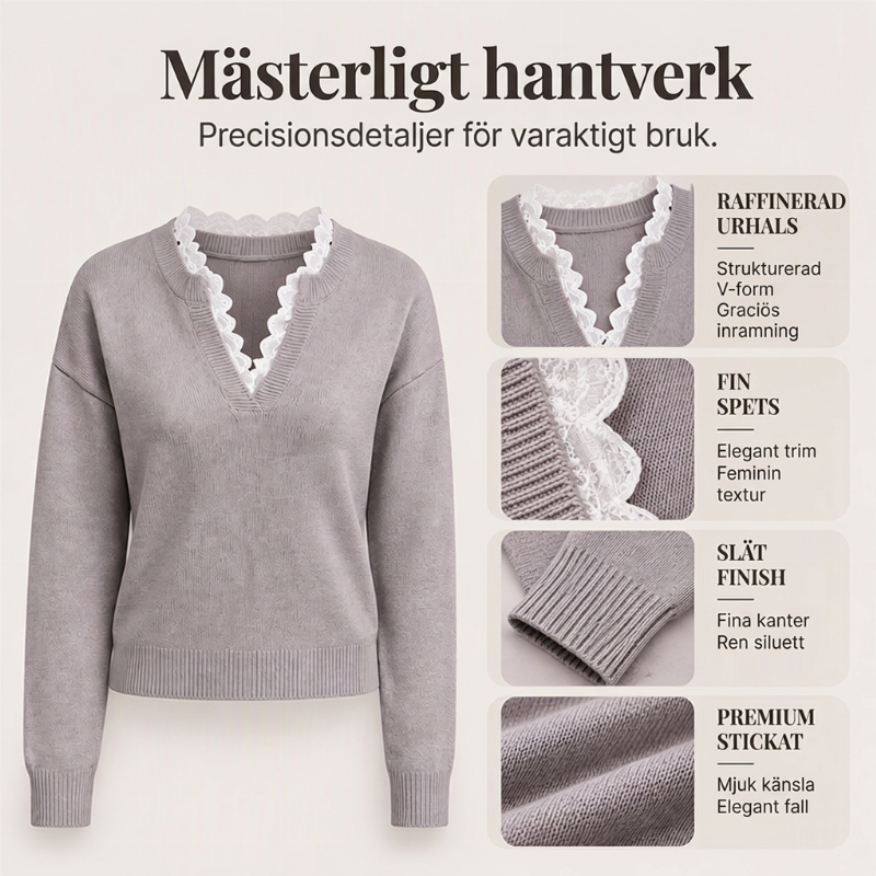 ✨ Ny kollektion 🤍 Stickad Damtopp med Spetsdetaljer – Mjuk Komfort, Elegant V-ringning och Tidlös Stil