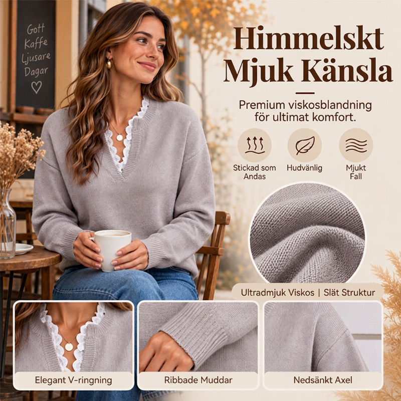 ✨ Ny kollektion 🤍 Stickad Damtopp med Spetsdetaljer – Mjuk Komfort, Elegant V-ringning och Tidlös Stil