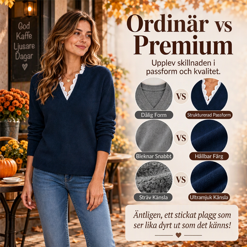 ✨ Ny kollektion 🤍 Stickad Damtopp med Spetsdetaljer – Mjuk Komfort, Elegant V-ringning och Tidlös Stil