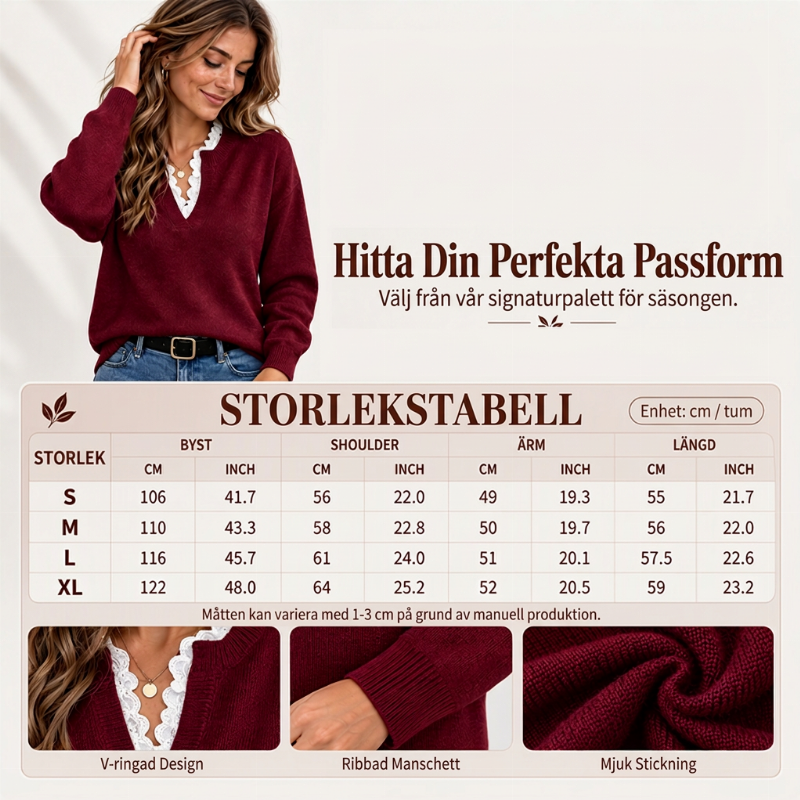 ✨ Ny kollektion 🤍 Stickad Damtopp med Spetsdetaljer – Mjuk Komfort, Elegant V-ringning och Tidlös Stil
