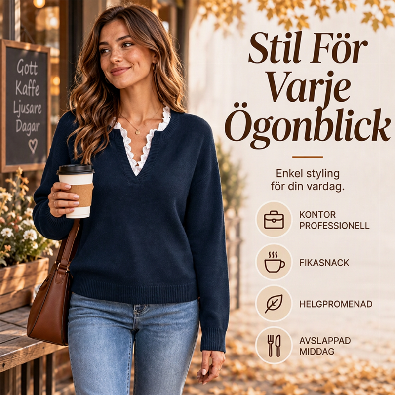 ✨ Ny kollektion 🤍 Stickad Damtopp med Spetsdetaljer – Mjuk Komfort, Elegant V-ringning och Tidlös Stil