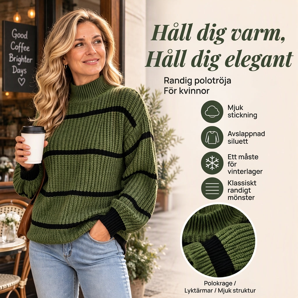Randig Stickad Tröja Dam – Mjuk Polokrage, Avslappnad Passform & Elegant Vinterstil