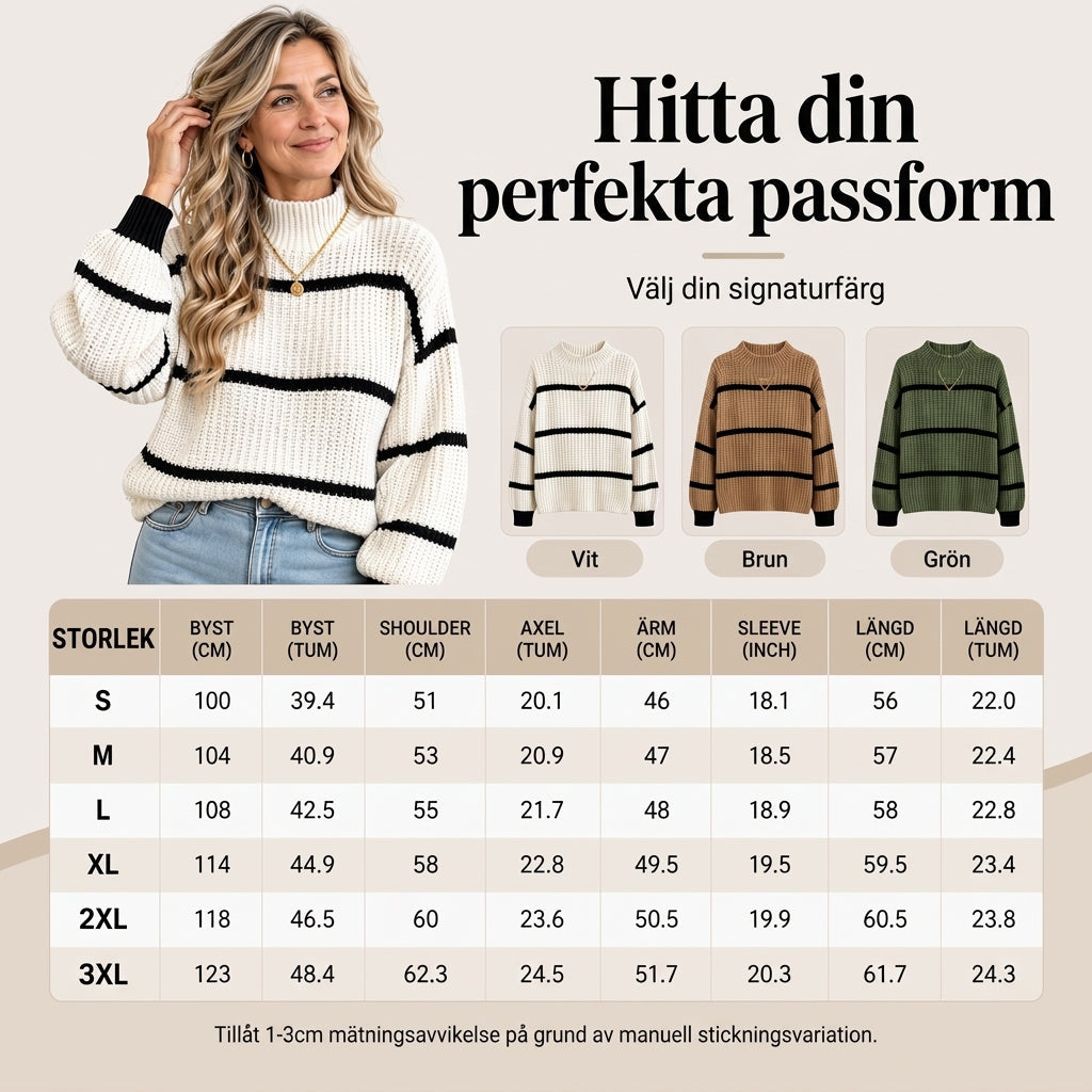 Randig Stickad Tröja Dam – Mjuk Polokrage, Avslappnad Passform & Elegant Vinterstil