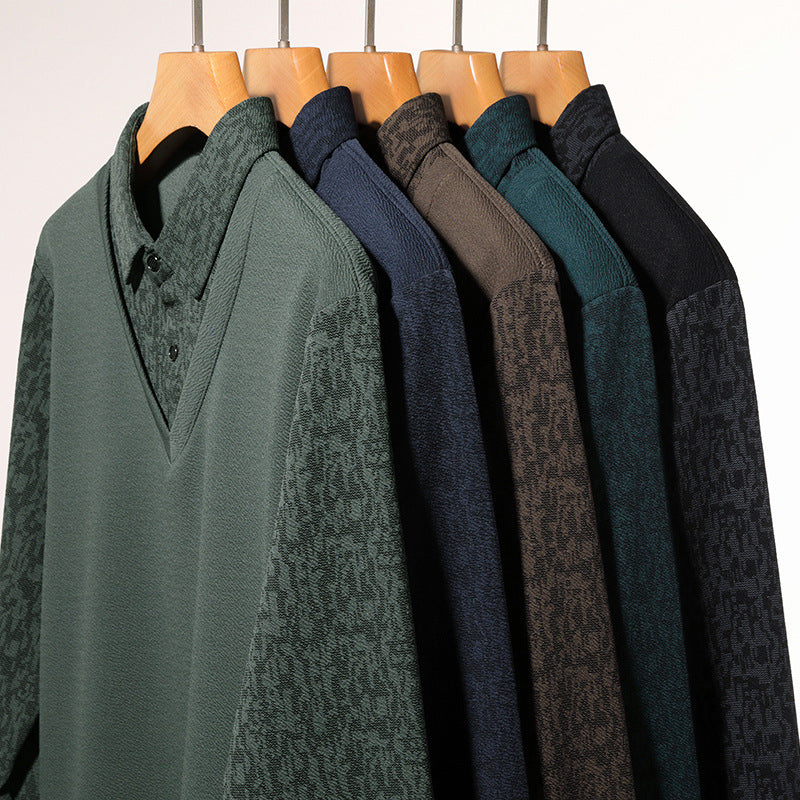 Herrskjorta med Falsk 2-delad Design – Långärmad V-ringad Tröja med Elegant Lager-på-Lager Look