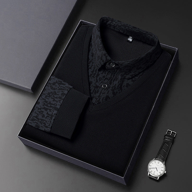 Herrskjorta med Falsk 2-delad Design – Långärmad V-ringad Tröja med Elegant Lager-på-Lager Look