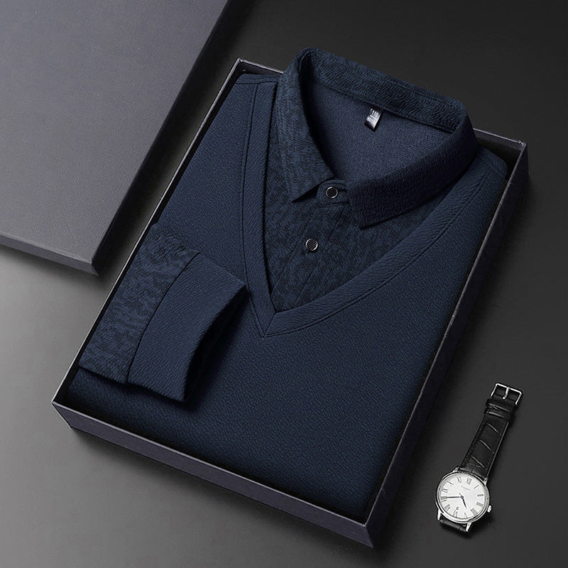 Herrskjorta med Falsk 2-delad Design – Långärmad V-ringad Tröja med Elegant Lager-på-Lager Look