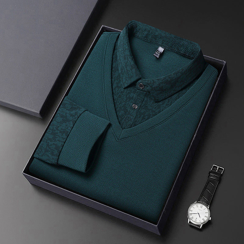 Herrskjorta med Falsk 2-delad Design – Långärmad V-ringad Tröja med Elegant Lager-på-Lager Look