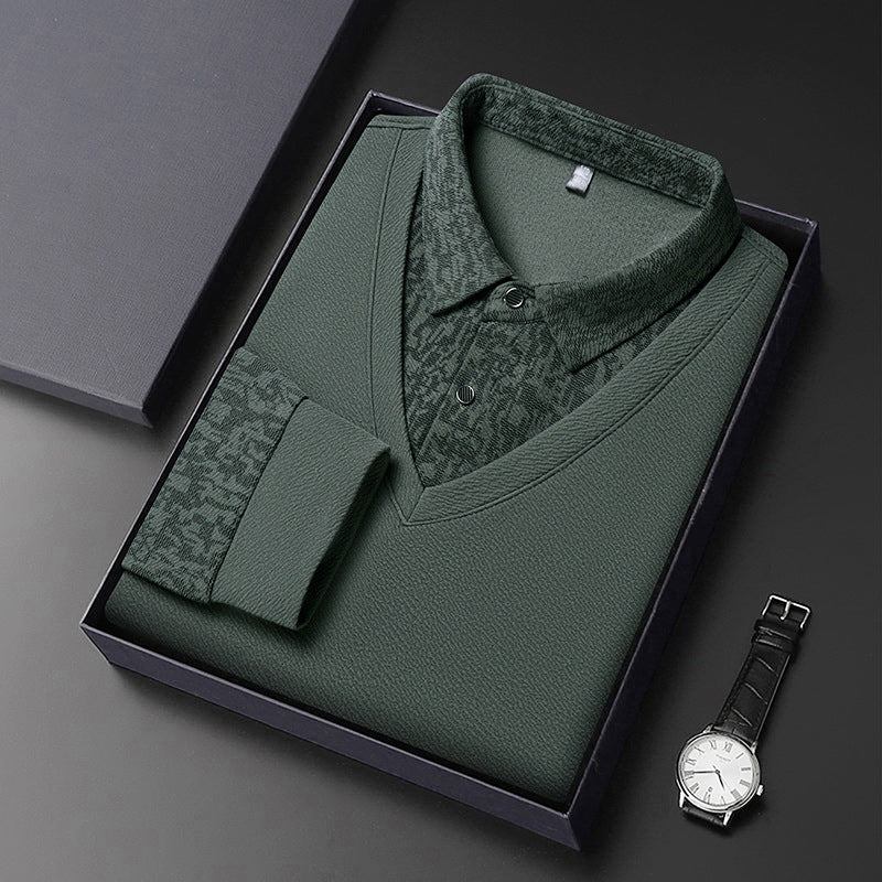 Herrskjorta med Falsk 2-delad Design – Långärmad V-ringad Tröja med Elegant Lager-på-Lager Look