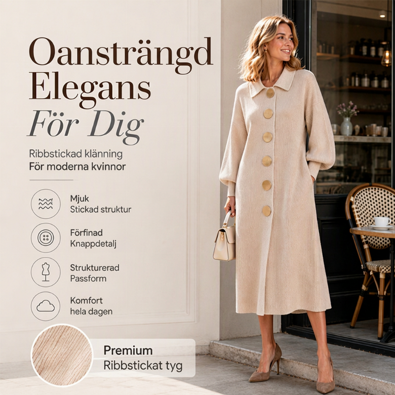 🌸Lång Ribbstickad Klänning Dam med Krage och Stora Knappar – A-Linjesnitt