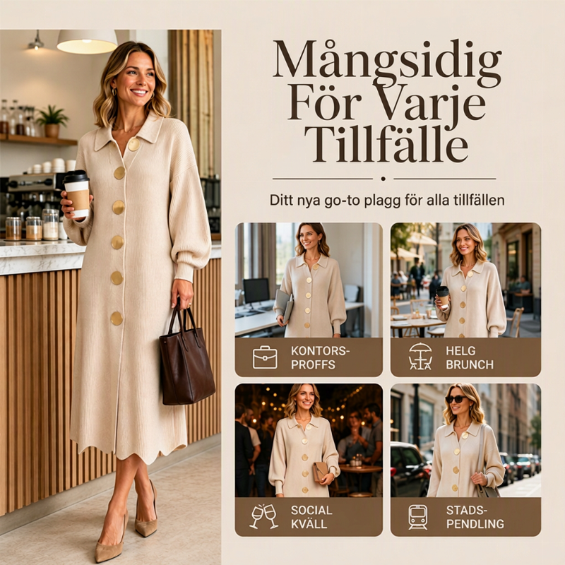 🌸Lång Ribbstickad Klänning Dam med Krage och Stora Knappar – A-Linjesnitt