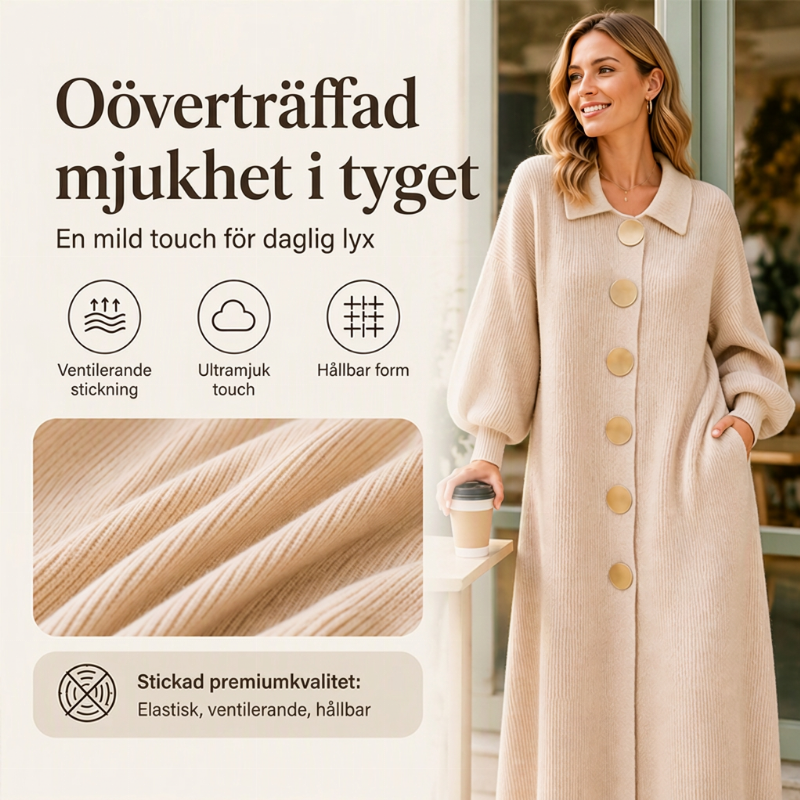 🌸Lång Ribbstickad Klänning Dam med Krage och Stora Knappar – A-Linjesnitt