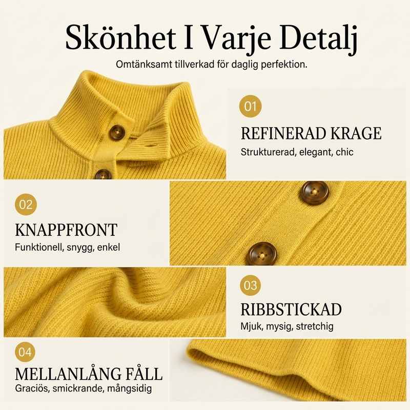 Ribbstickad Midiklänning Dam med Polokrage och Knappslå – Mjuk, Icke-Kliande Kvalitet