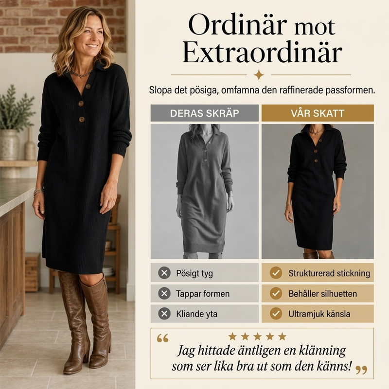 Ribbstickad Midiklänning Dam med Polokrage och Knappslå – Mjuk, Icke-Kliande Kvalitet