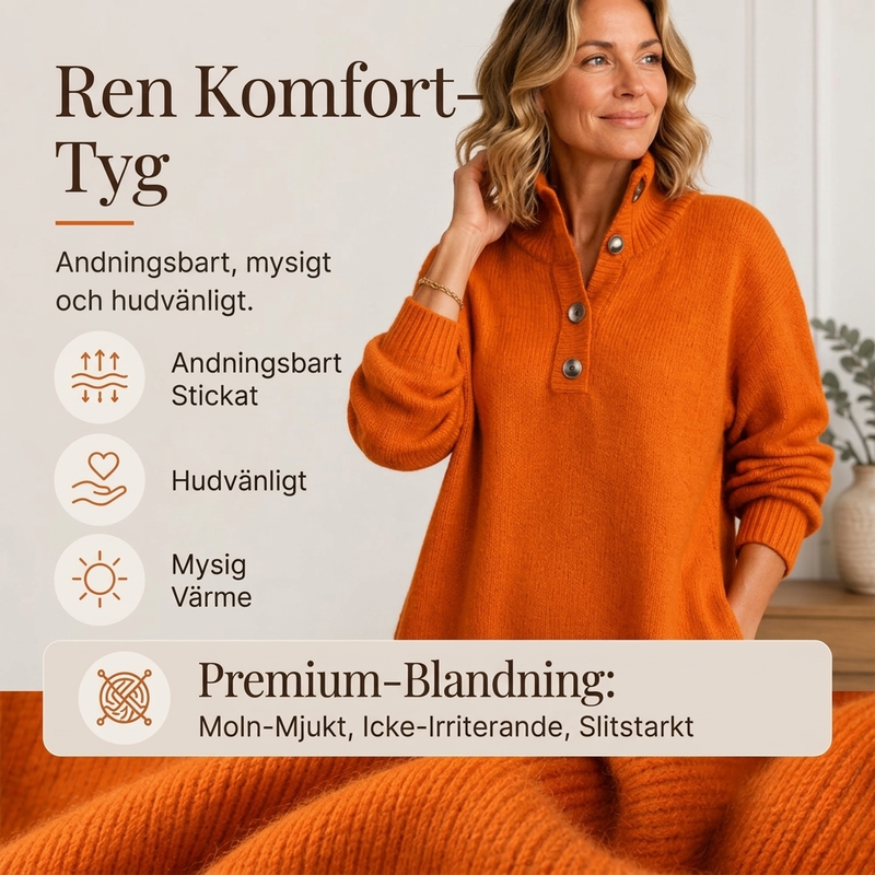 Ribbstickad Midiklänning Dam med Polokrage och Knappslå – Mjuk, Icke-Kliande Kvalitet